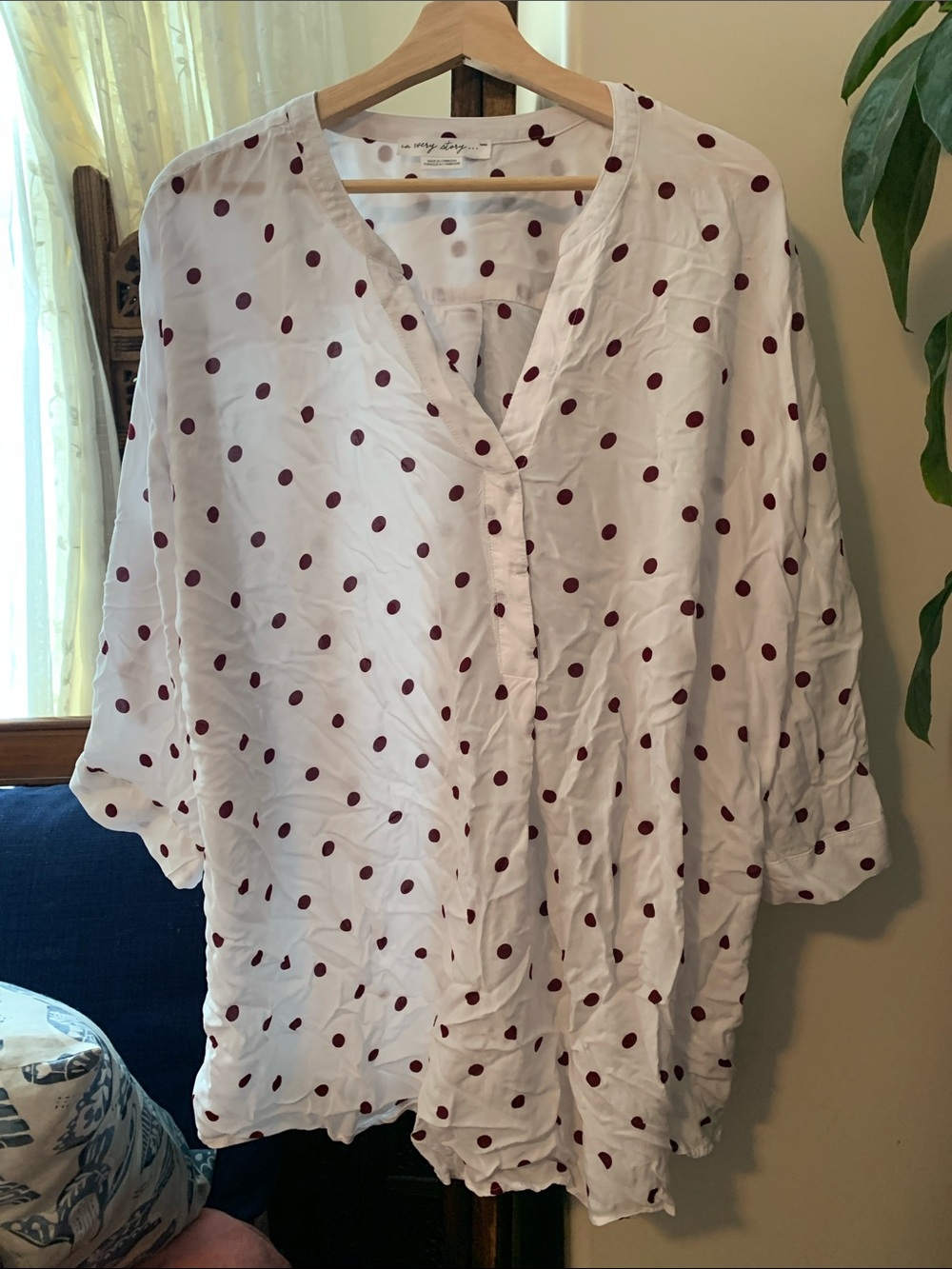 Lightweight White Tunic Blouse with Burgundy Polka Dots